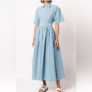 Rosie Assoulin Pleated Blue and White Maxi Sundress